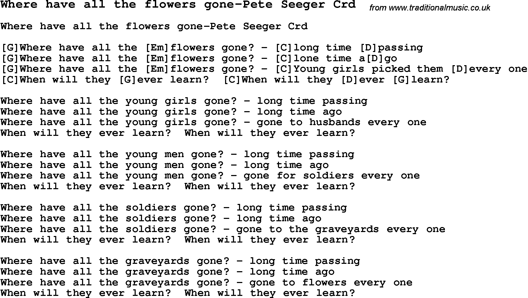 Lyrics to Where Have All The Flowers Gone