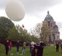 Ella Good and Nicki Kent launch a weather balloon at Williamson Park, Lancaster